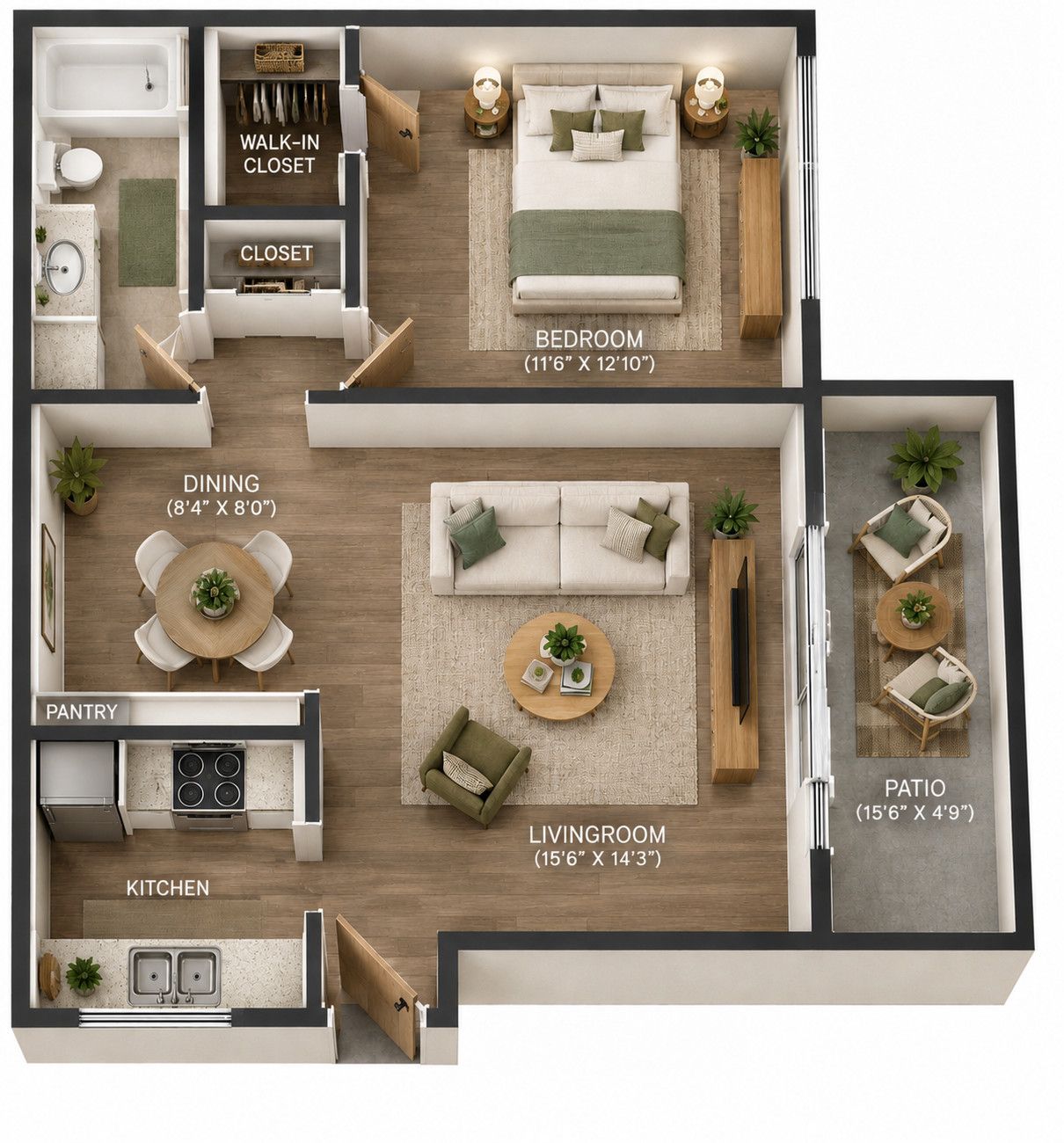 1 Bedroom 1 Bath floor plan, 680 square feet, with walk-in closet, pantry and patio