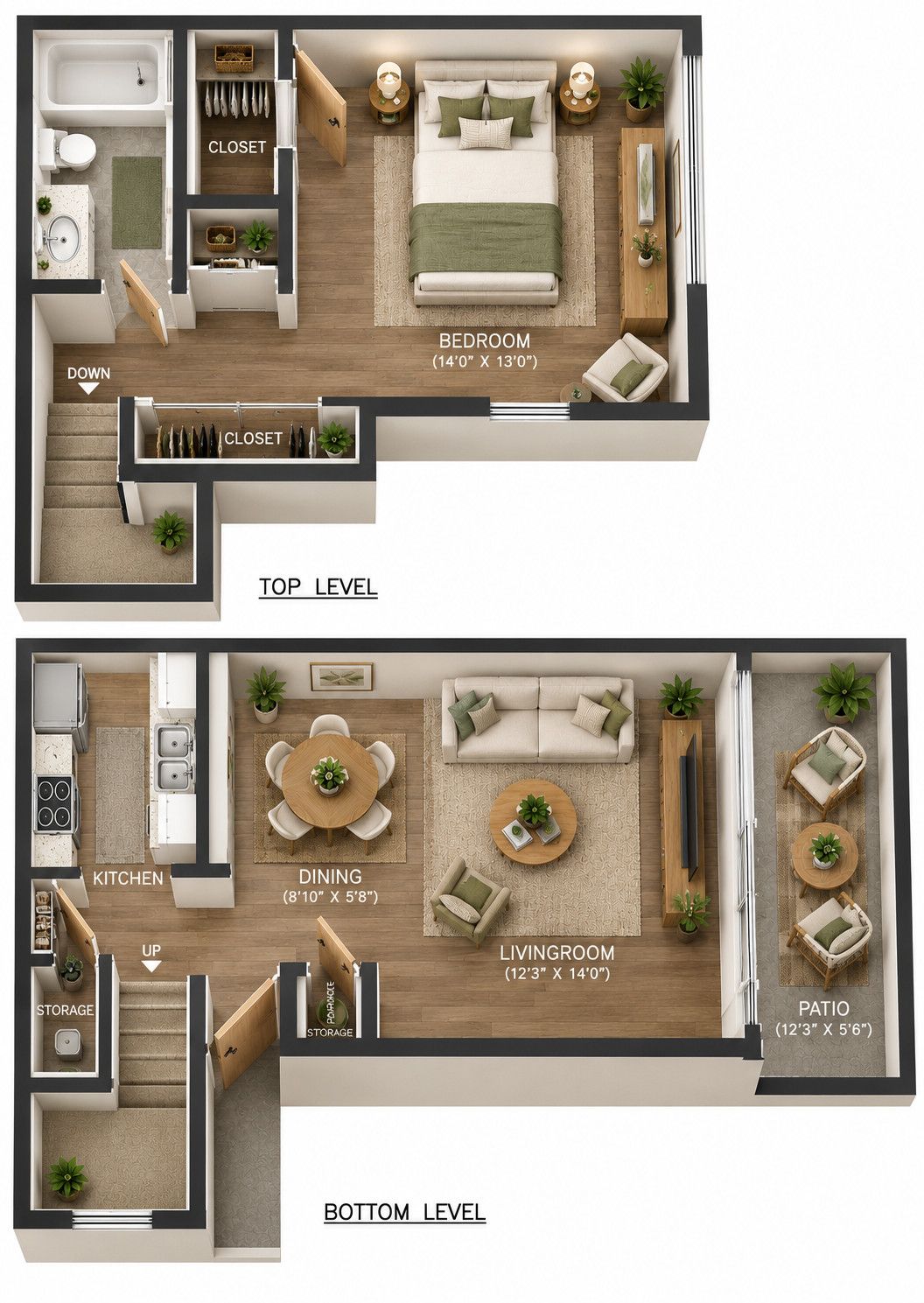 1 Bedroom 1 Bath Loft floor plan, 825 square feet, two levels with upstairs bedroom and downstairs living area