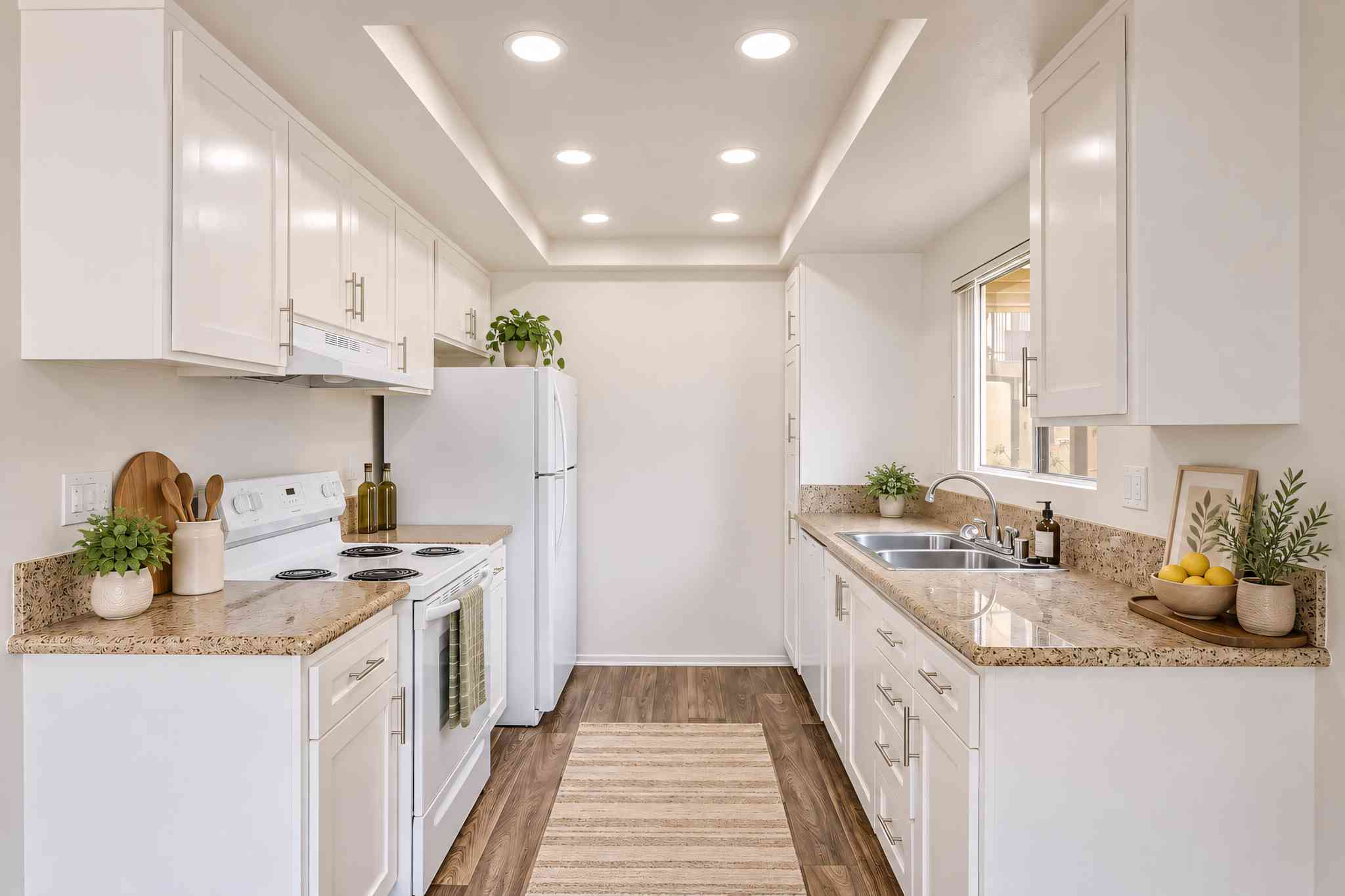 renovated galley kitchen with granite countertops