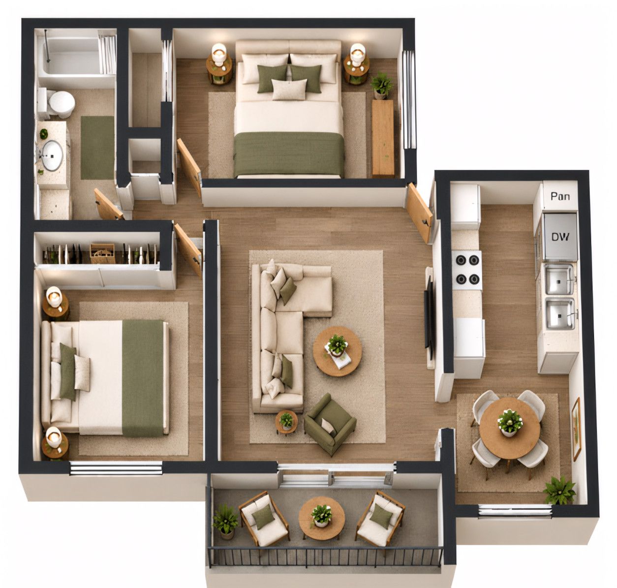 2 Bedroom 1 Bath floor plan, 825 square feet, with separate dining area and balcony
