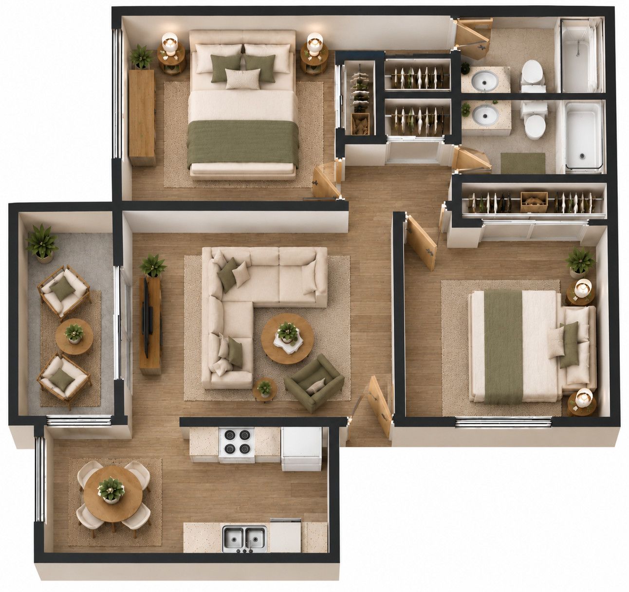 2 Bedroom 2 Bath floor plan, 905 square feet, with two full bathrooms and patio