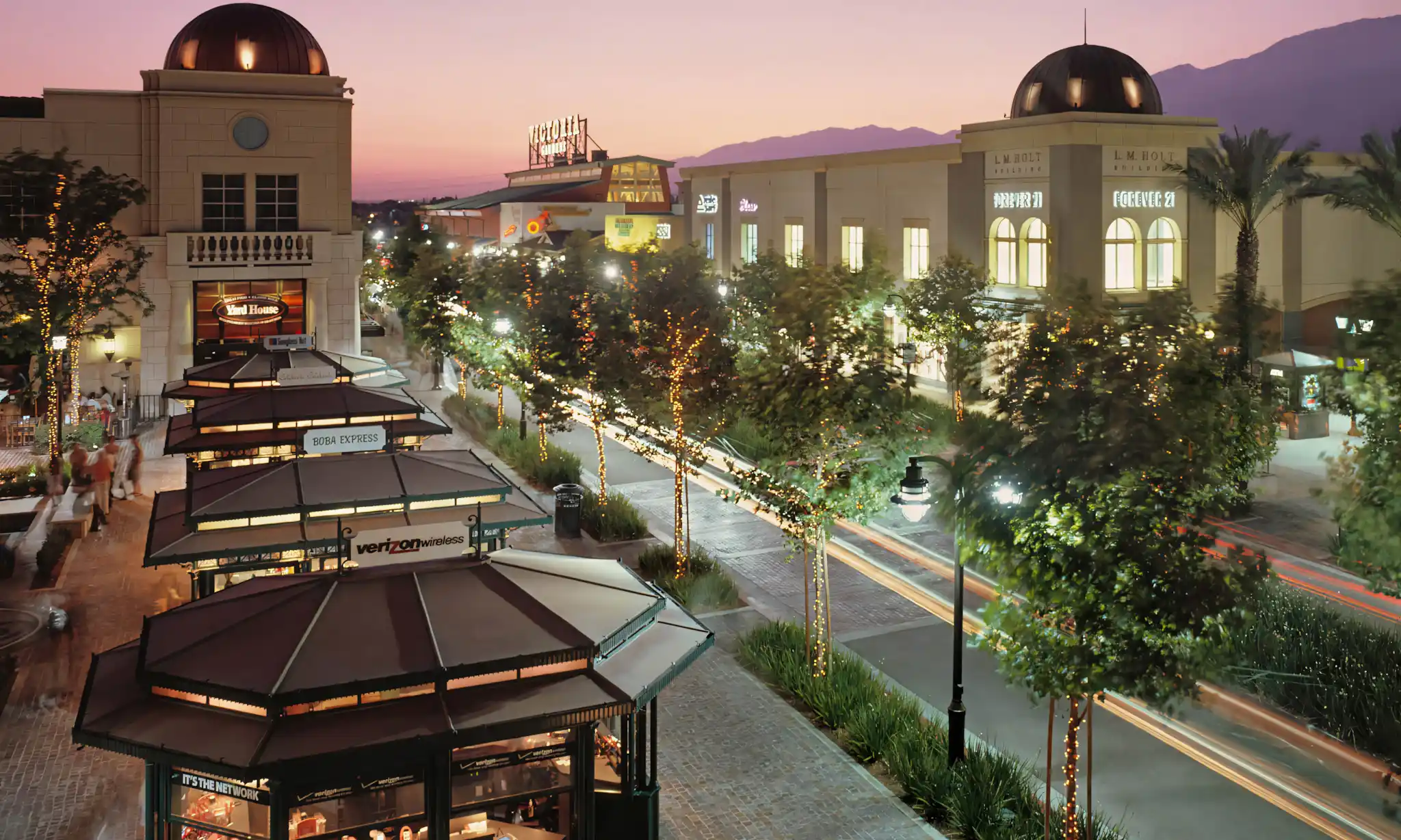 Victoria Gardens shopping center at dusk